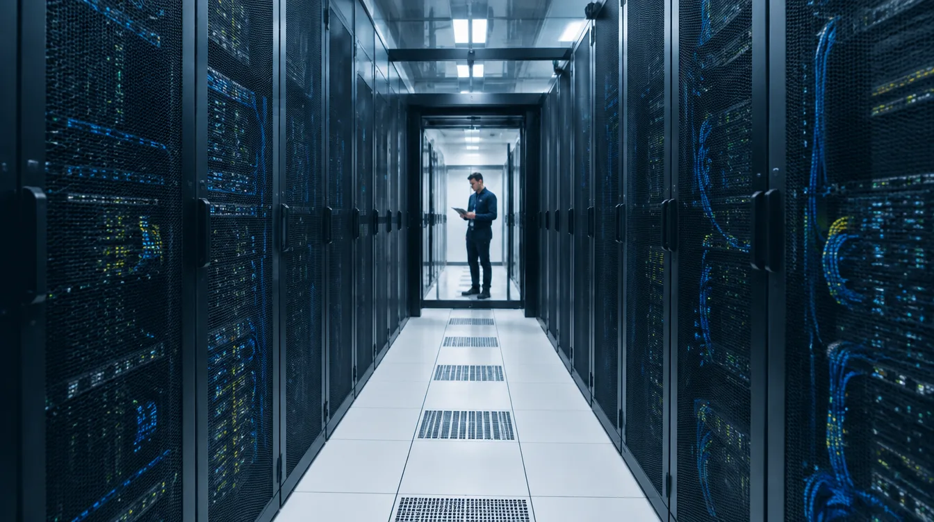 Engineer holding a tablet at the end of an aisle of server racks in a data centre