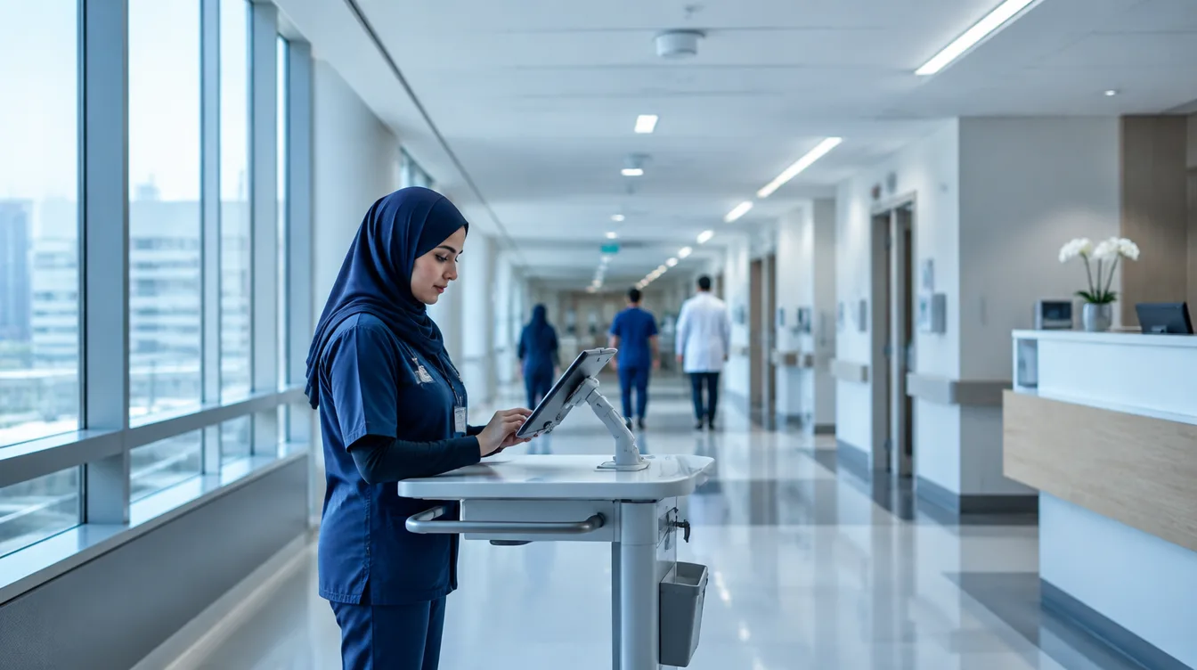 Nurse using a tablet on a mobile workstation in a hospital corridor