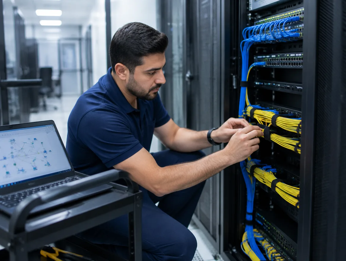 Network engineer connecting patch cables in a server rack, with a network diagram open on a laptop