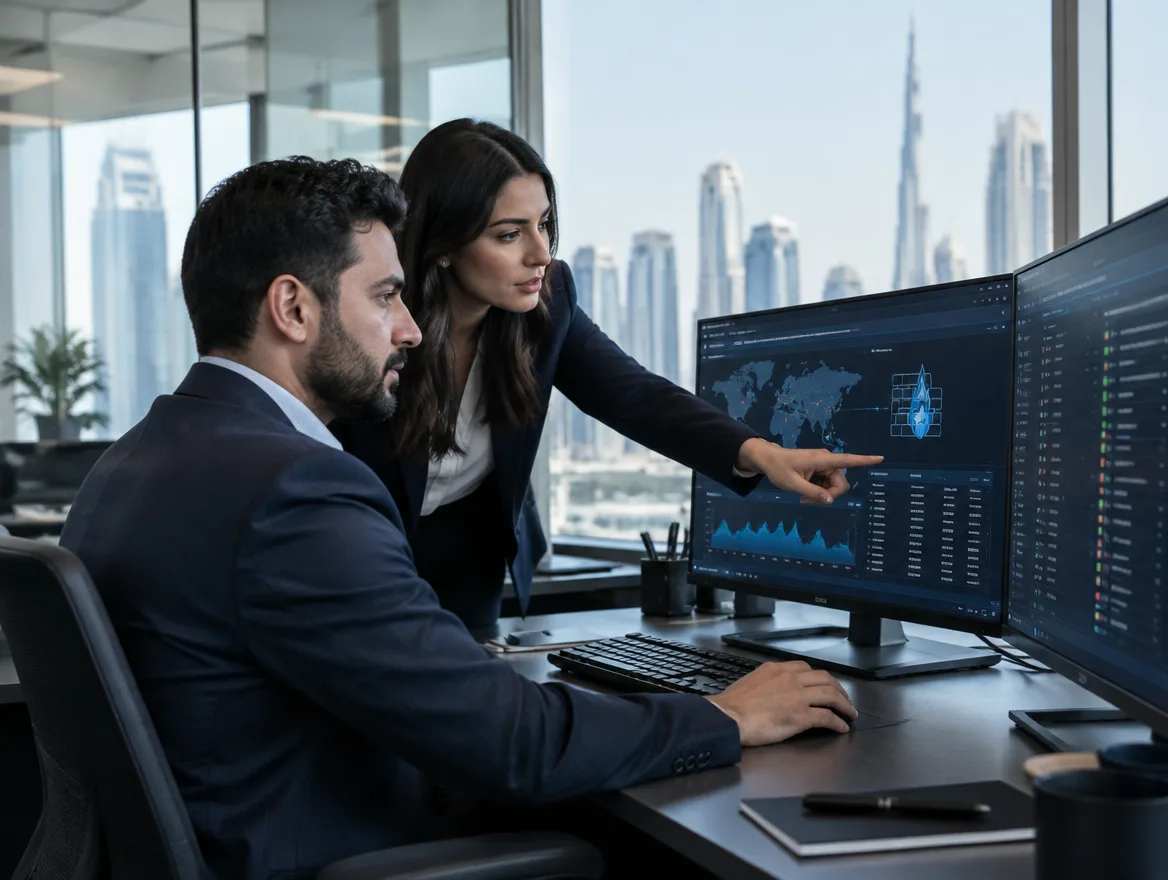 Two security analysts reviewing threat dashboards in an office overlooking a city skyline