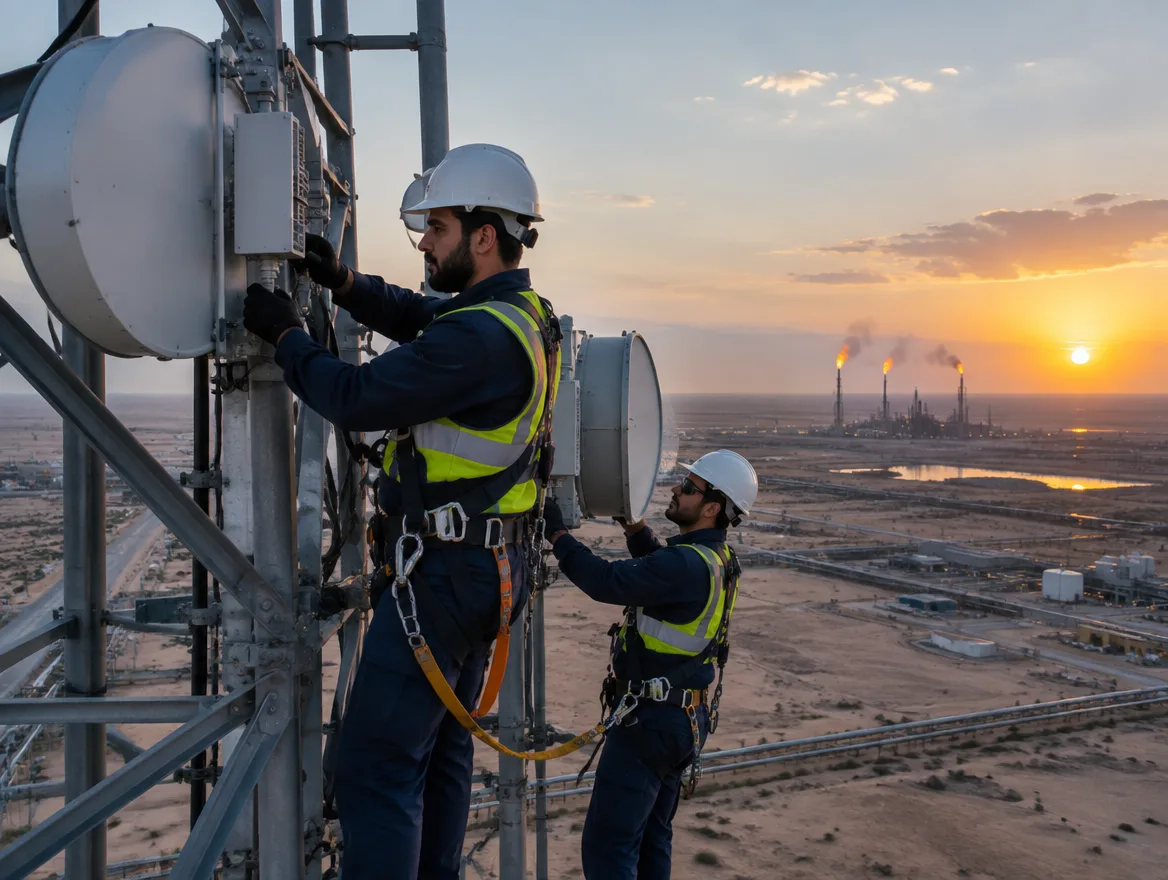 Two engineers in safety harnesses fitting microwave antennas on a telecom tower above an oilfield at sunset